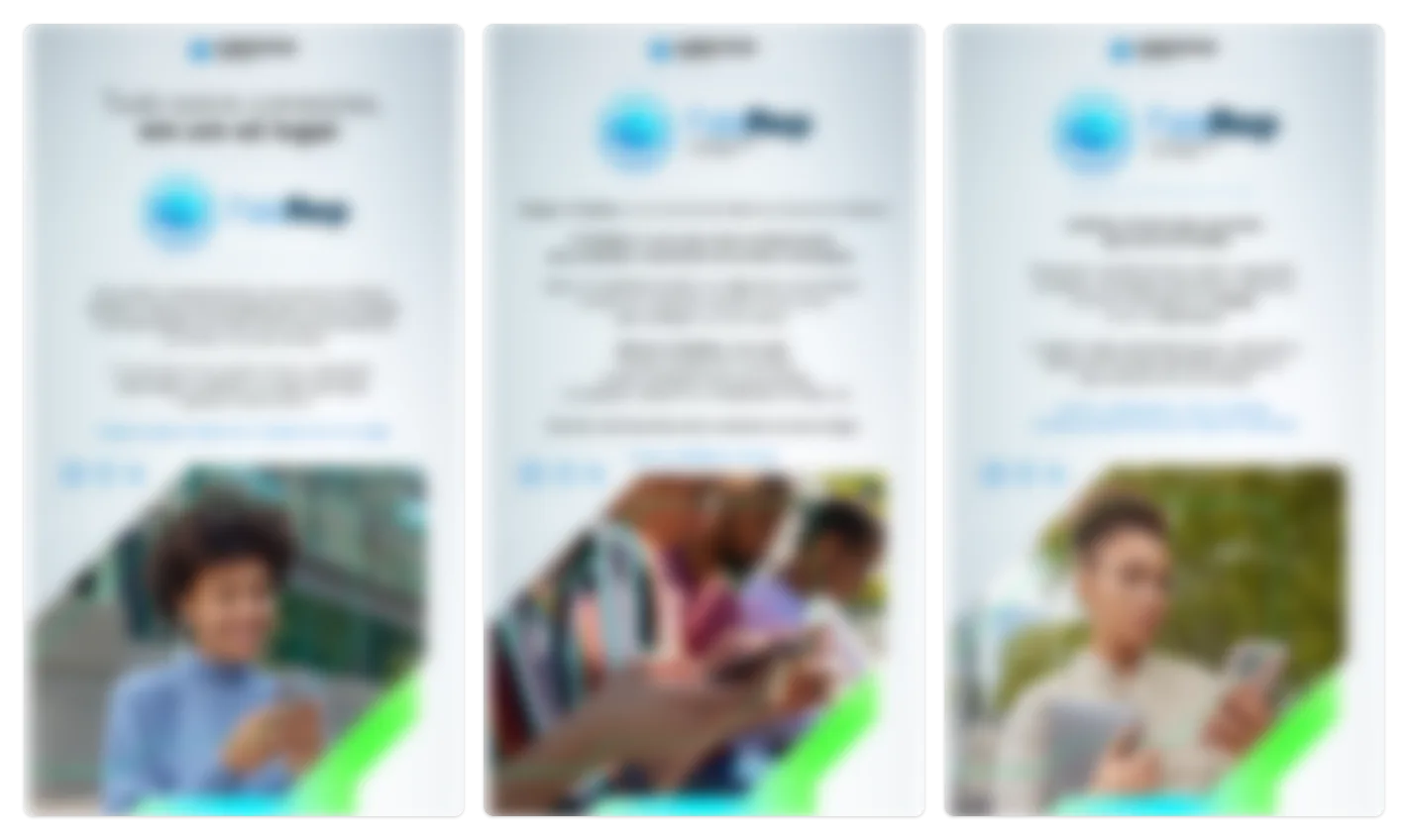 Três cards do FalaRep, lado a lado, com o texto borrado