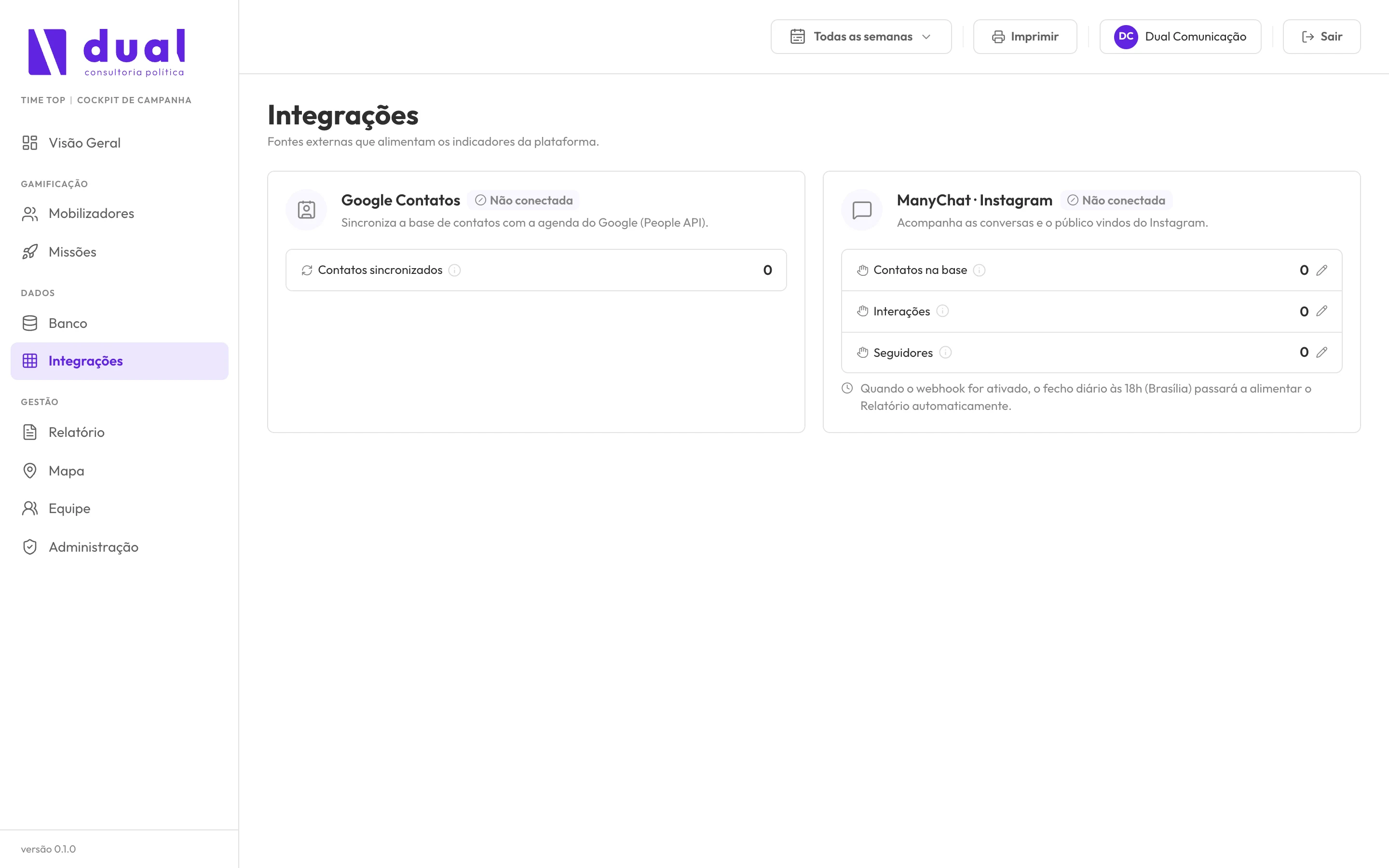 Tela de integrações com cartões do Google Contatos e do ManyChat