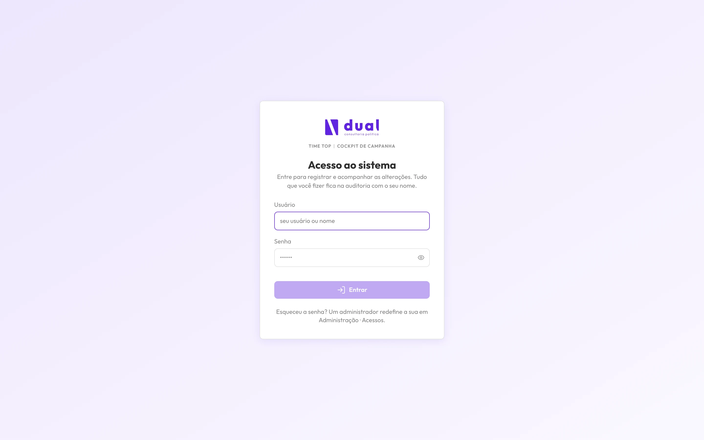 Tela de login do sistema, com campos de usuário e senha