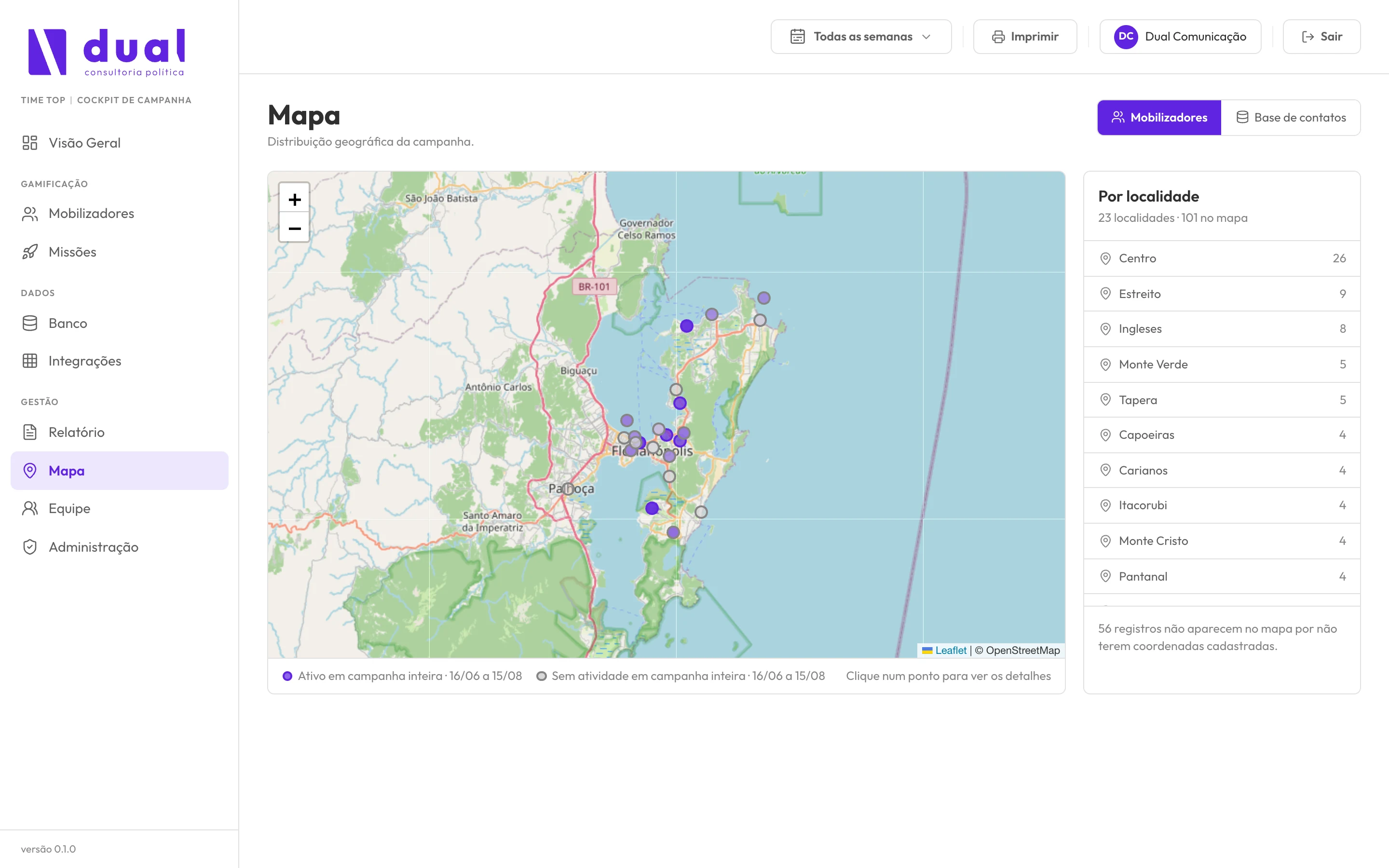 Mapa de Florianópolis com pontos dos mobilizadores e lista por localidade