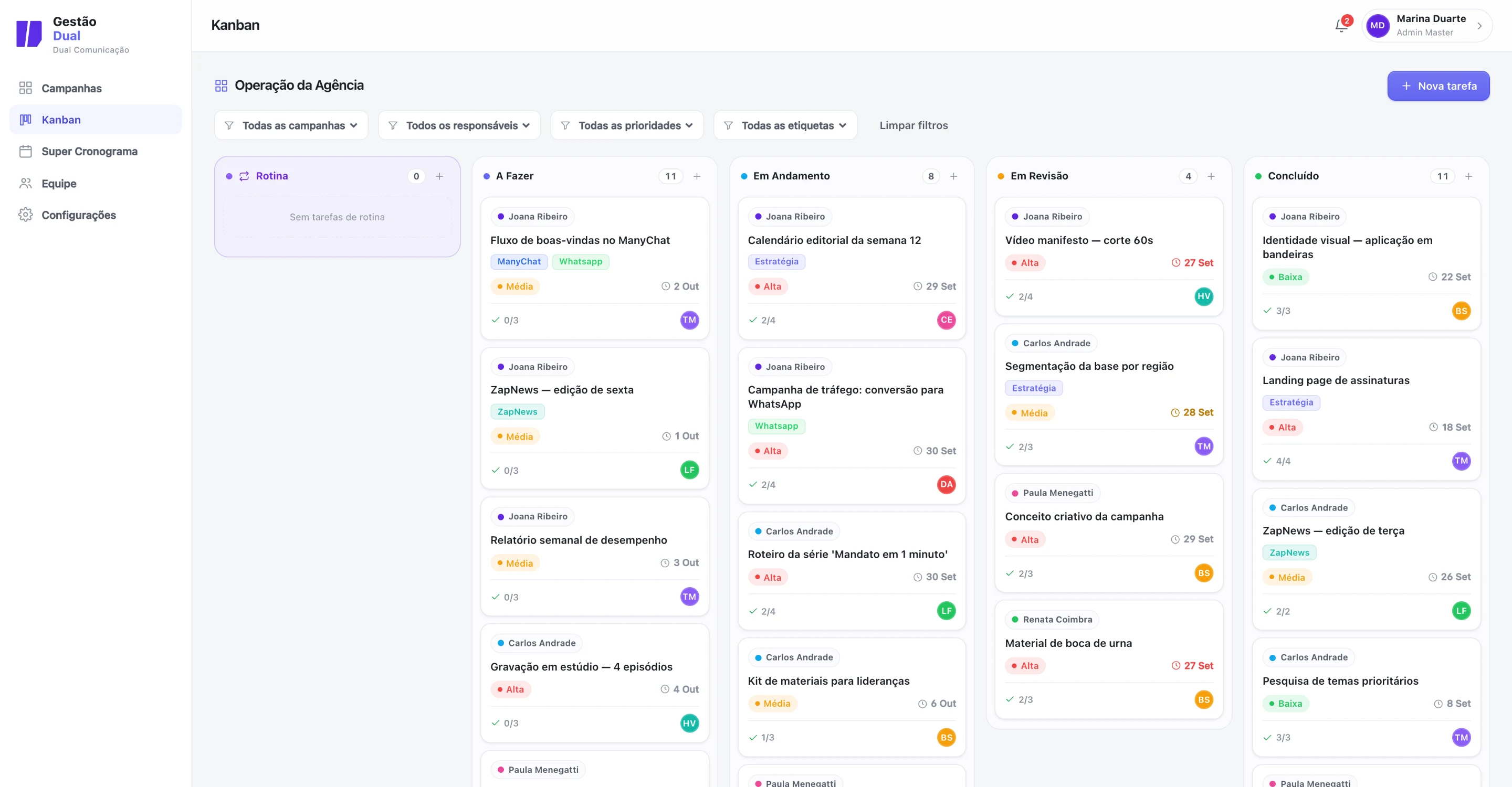 Quadro Kanban com as colunas Rotina, A Fazer, Em Andamento, Em Revisão e Concluído