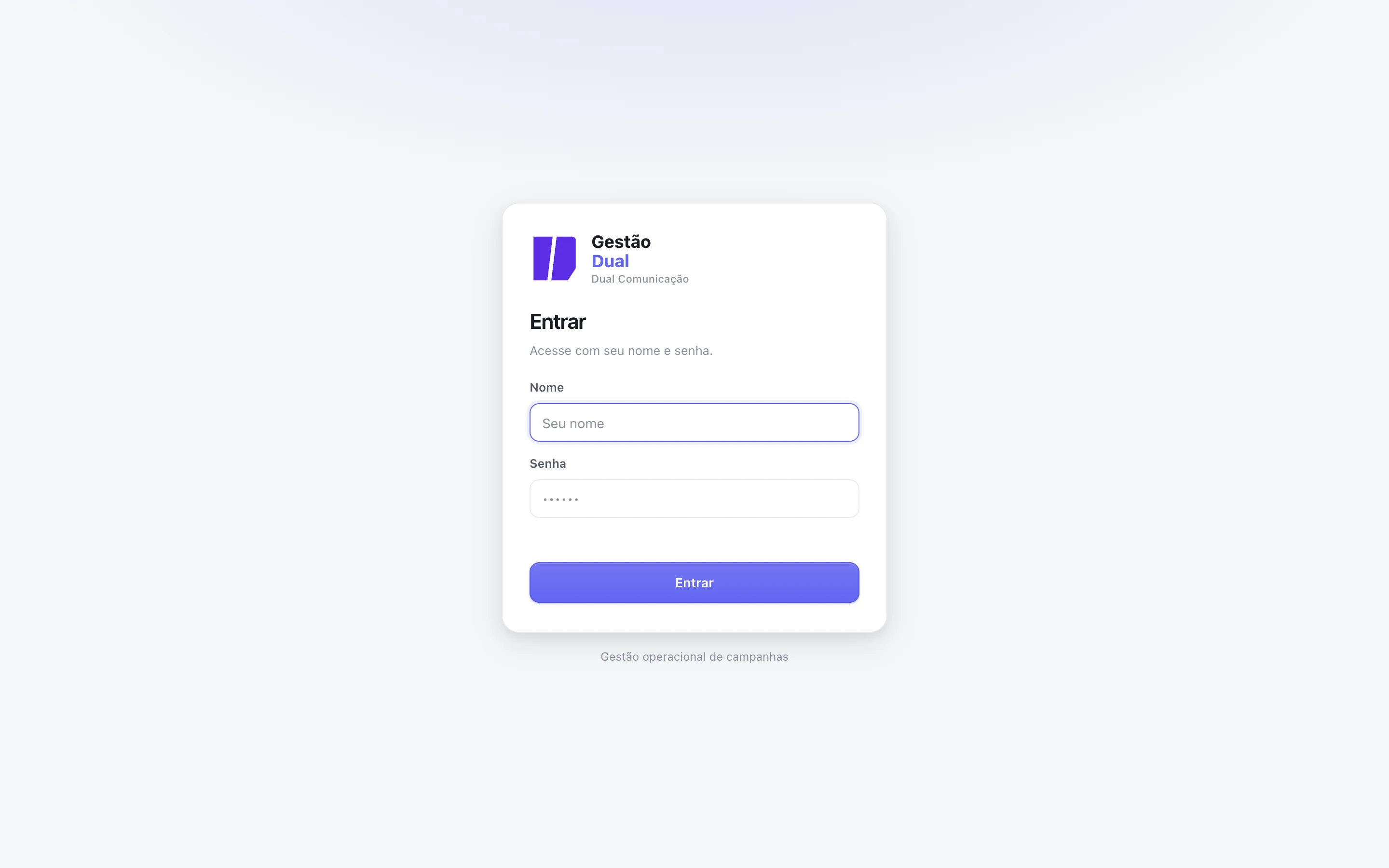 Tela de login do Gestão Dual, com campos de nome e senha